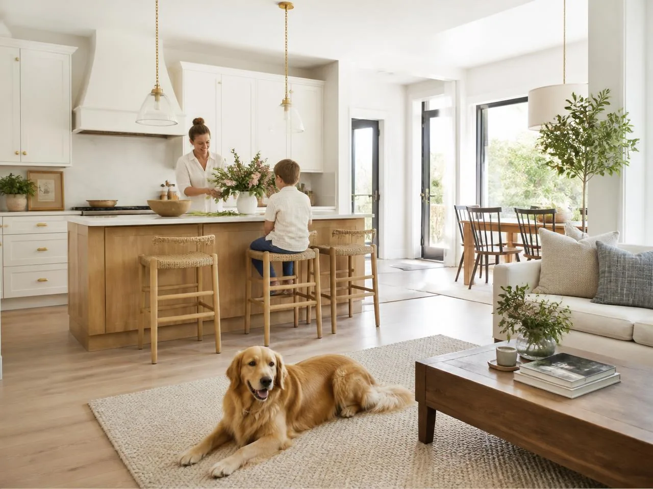 Family in a bright open kitchen and living room with a golden retriever resting on the rug