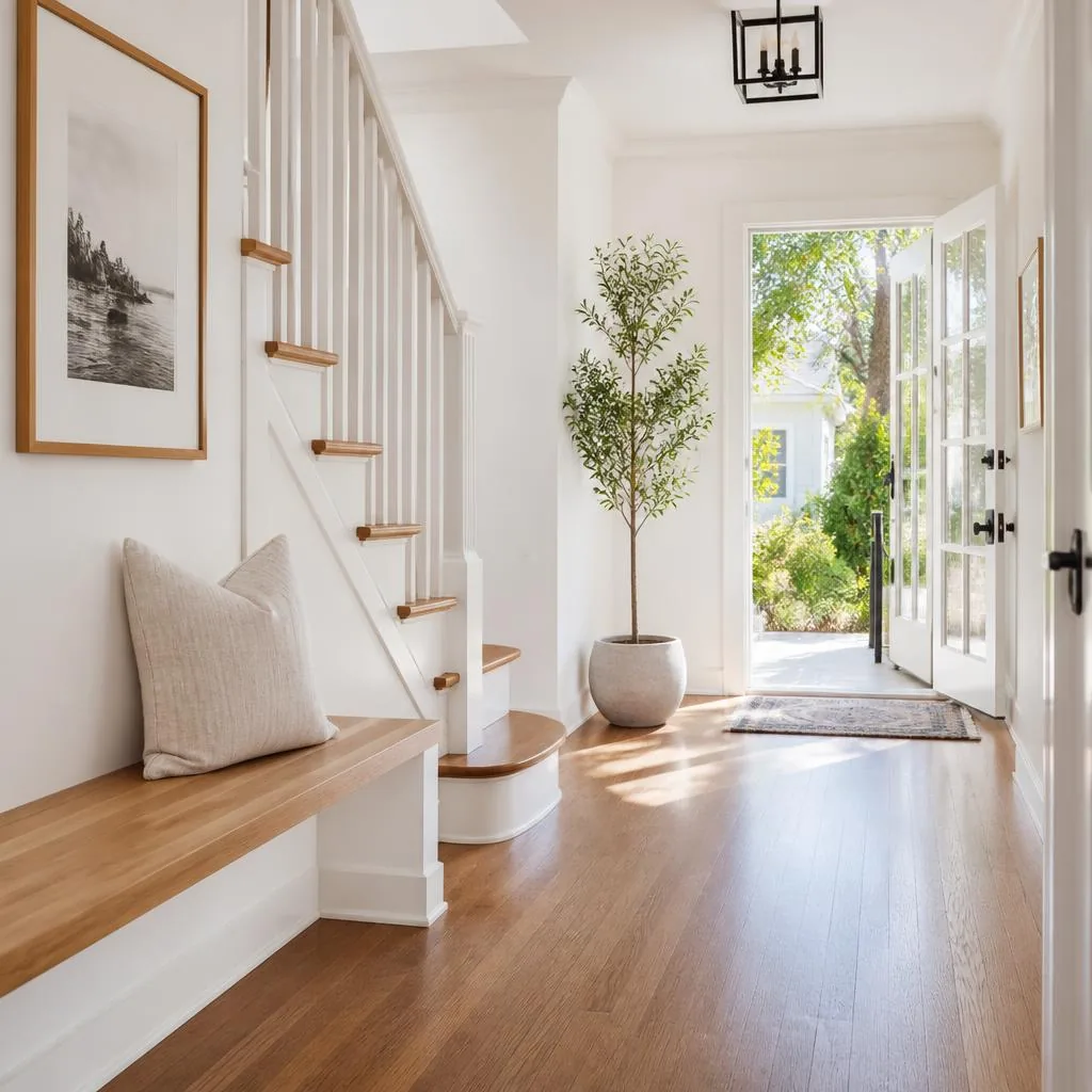 Sunlit entry hall of a Delaware home with a built-in bench and staircase