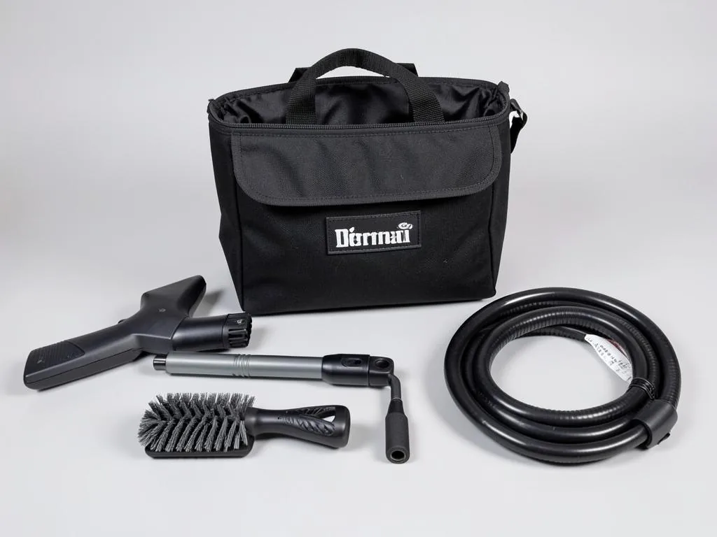 Central vacuum accessory kit with tool bag, brushes and hose