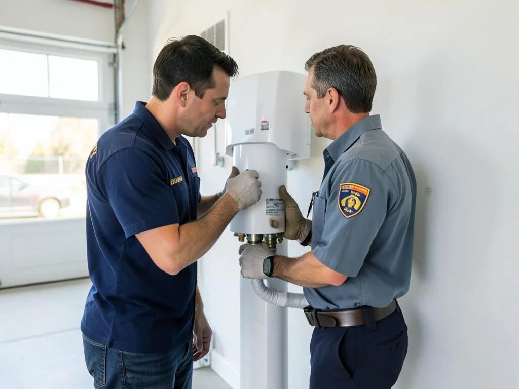 Technician servicing a wall-mounted central vacuum power unit in a garage