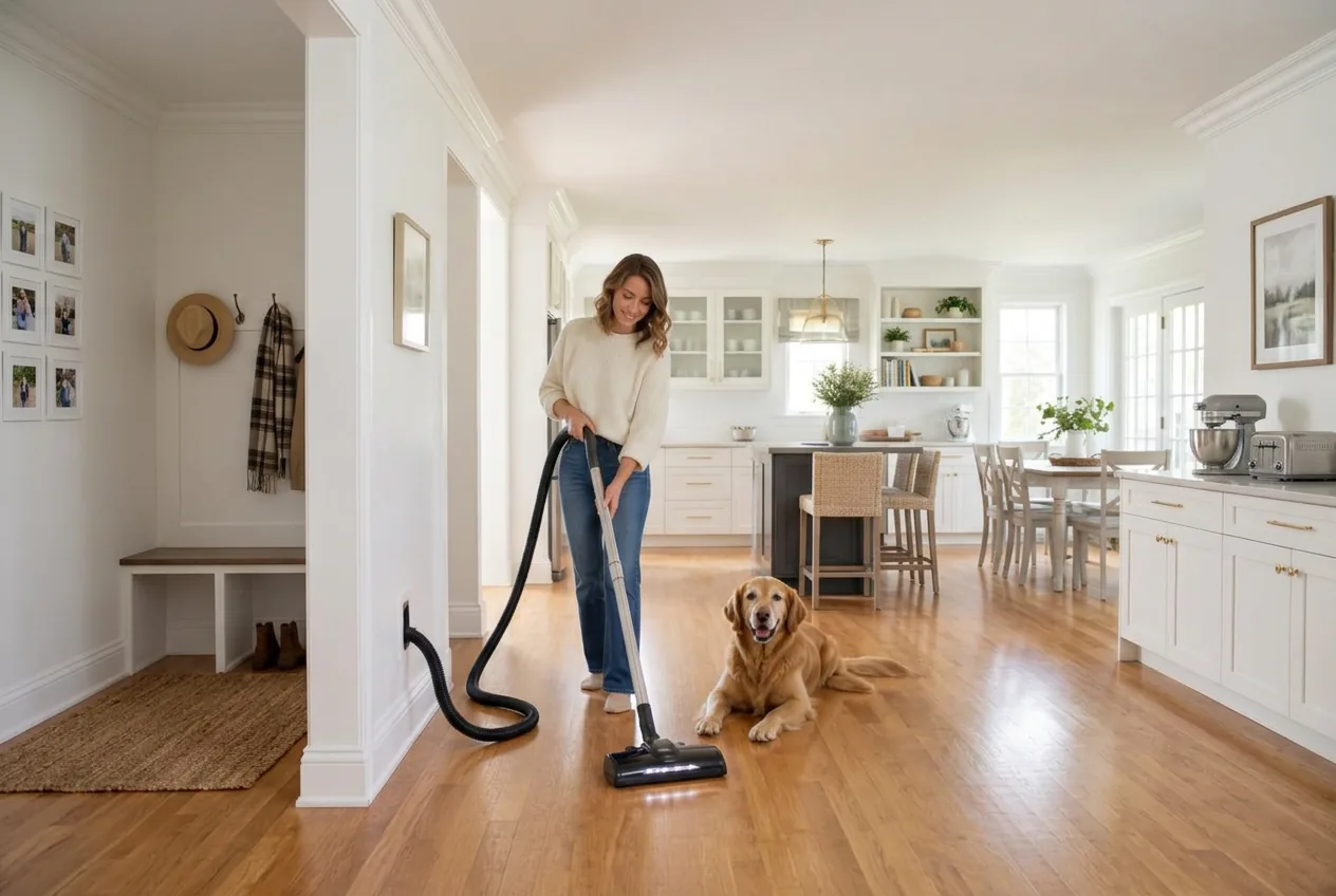 Homeowner vacuuming a hardwood floor with a retractable central vacuum hose while a golden retriever rests nearby