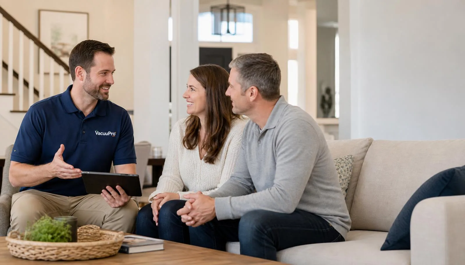 VacuuPro representative in a branded polo reviewing central vacuum options with homeowners in their living room