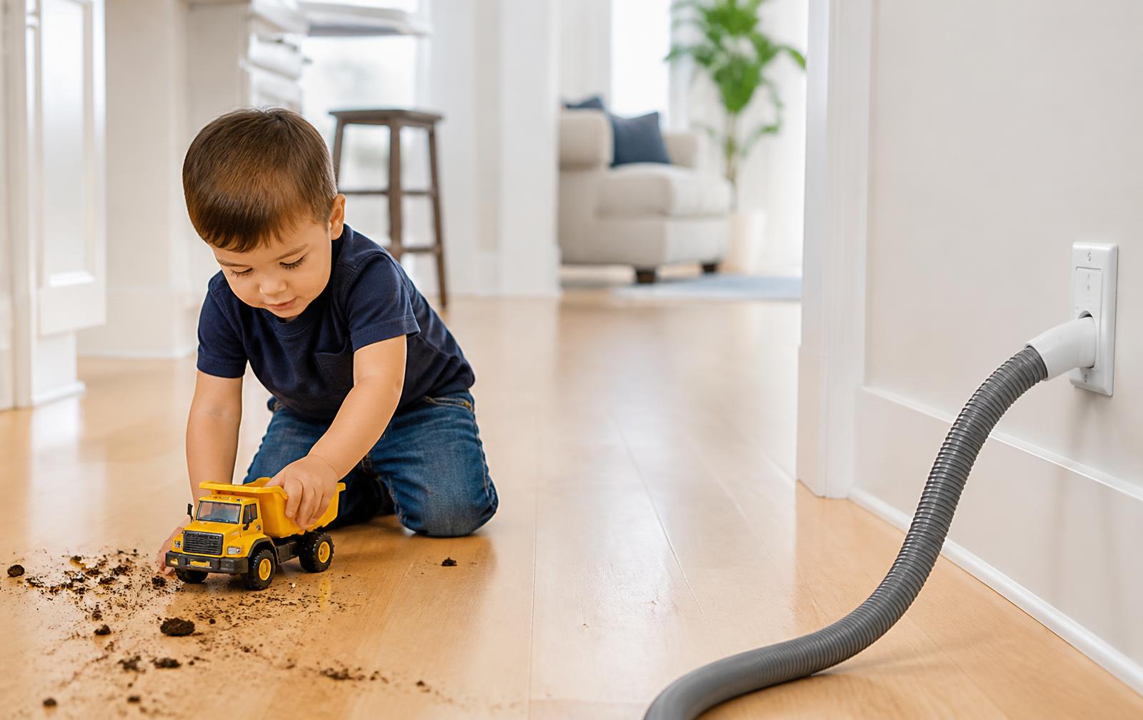 Child playing with a toy truck beside a mess of dirt while a retractable vacuum hose extends from a wall inlet