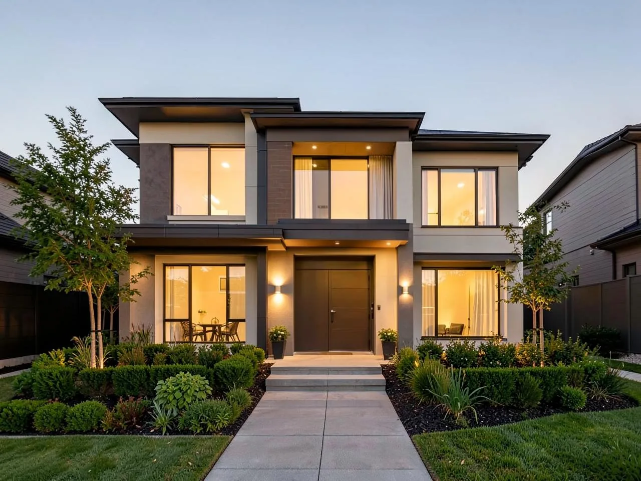 Front exterior of a modern family home at dusk
