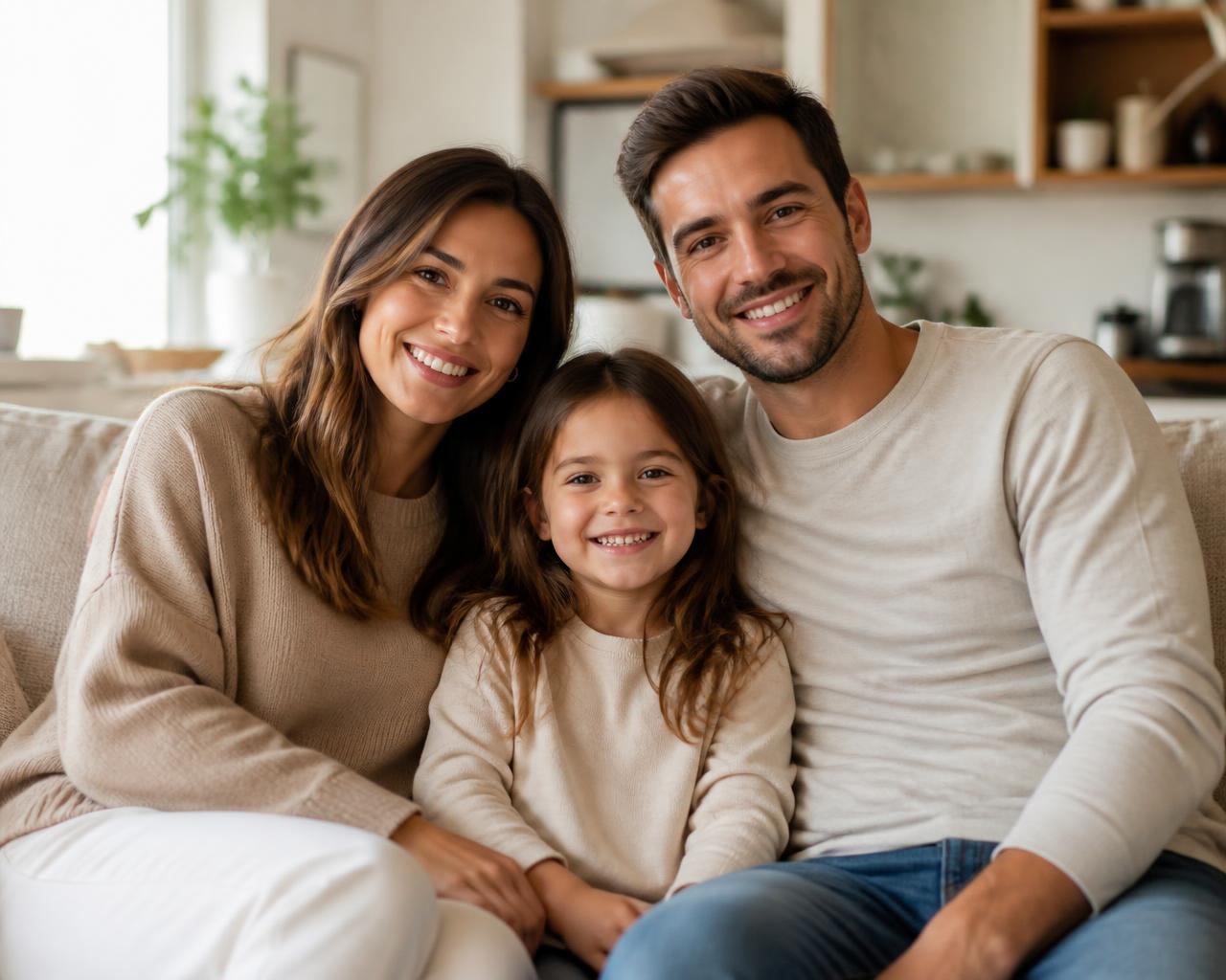 Family relaxing together on the sofa in a bright, clean living room