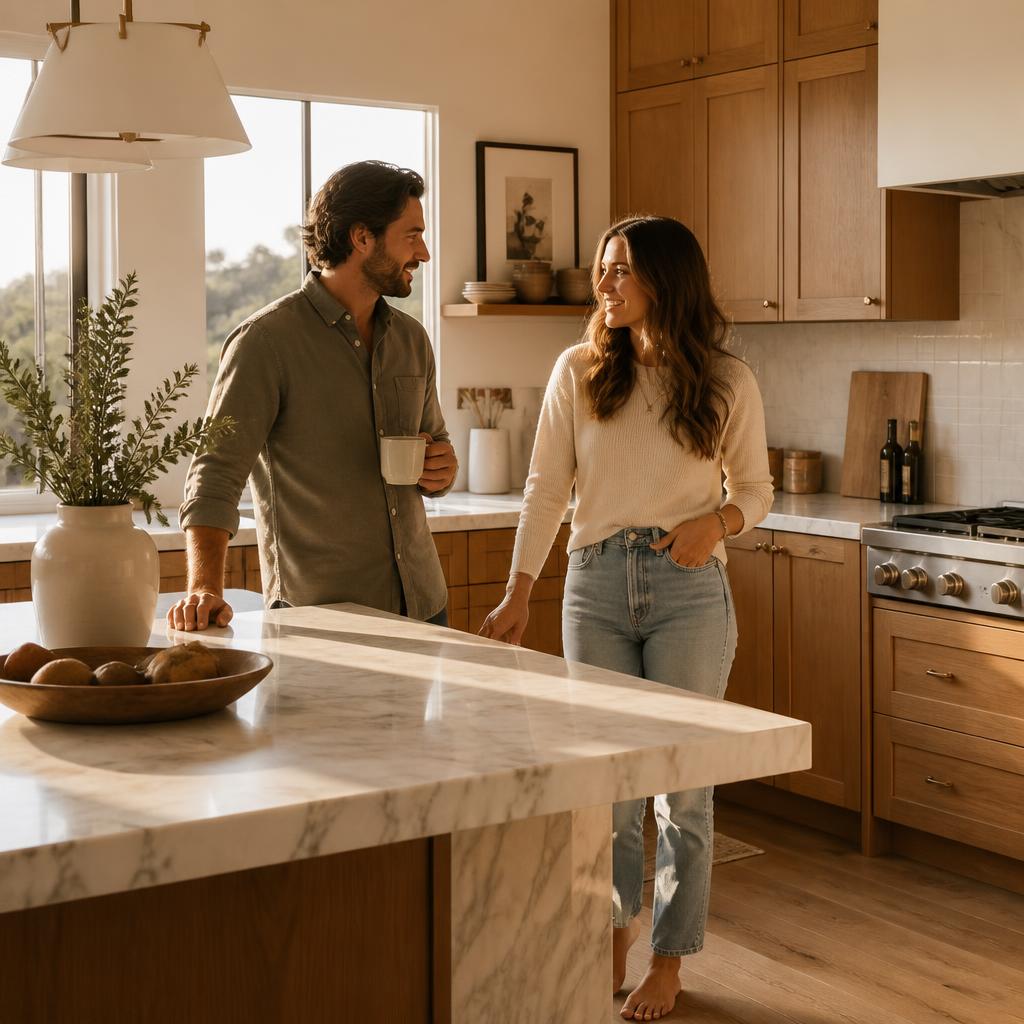 Couple talking at the marble island of a warm, sunlit new-construction kitchen
