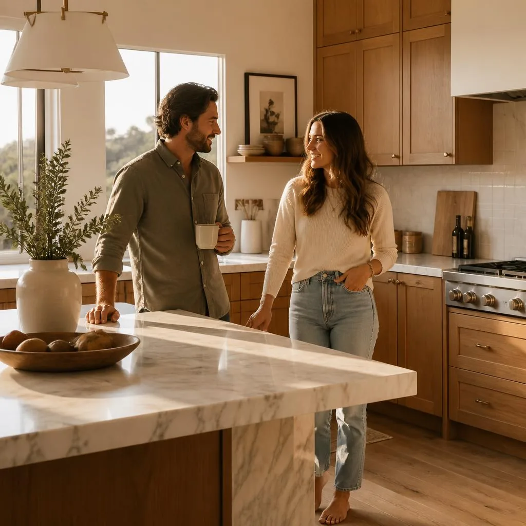 Couple talking at the marble island of a warm, sunlit new-construction kitchen