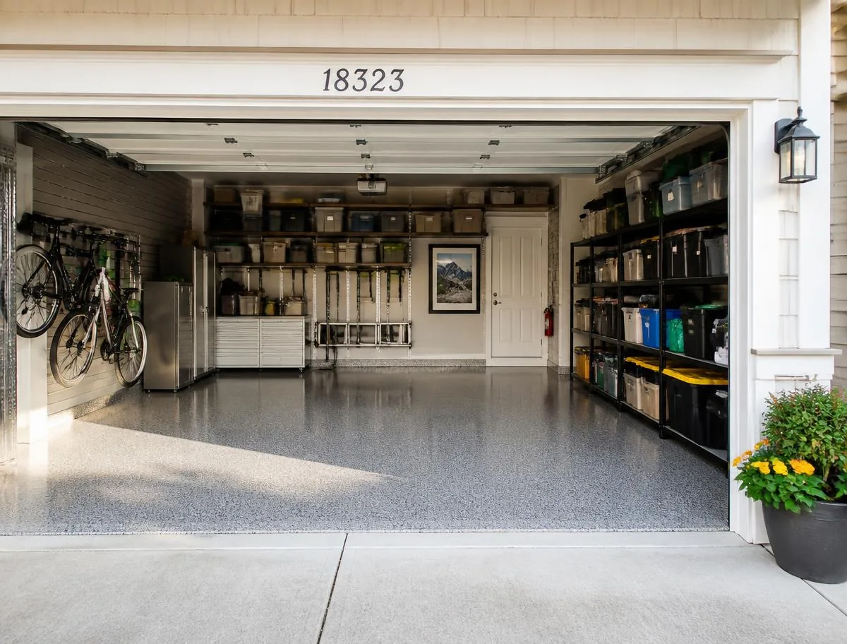 Tidy two-car garage with organized shelving and epoxy floor