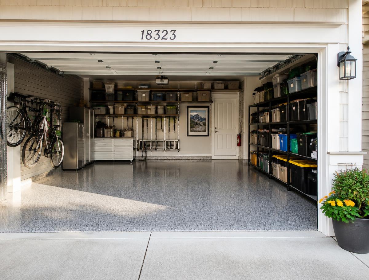 Tidy two-car garage with organized shelving and epoxy floor