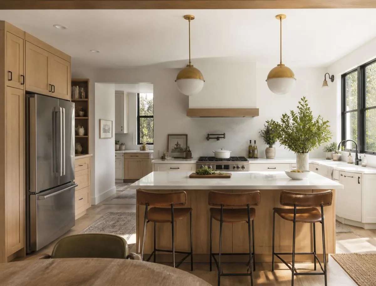 Sunlit kitchen with a wood island and bar stools in a family home