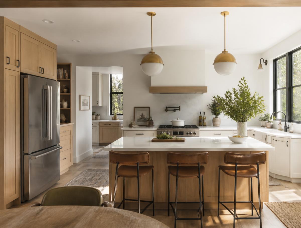 Sunlit kitchen with a wood island and bar stools in a family home
