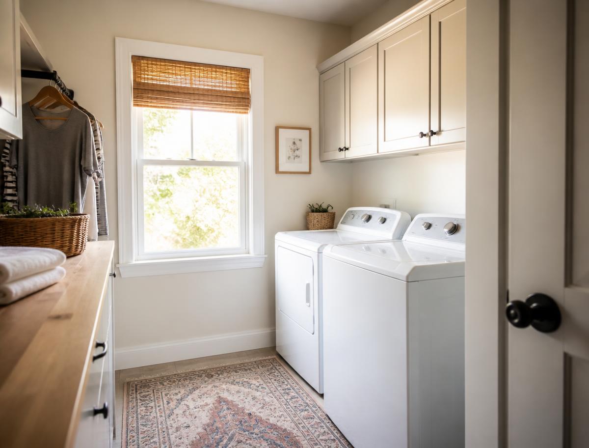 Bright laundry room with washer, dryer and folded towels