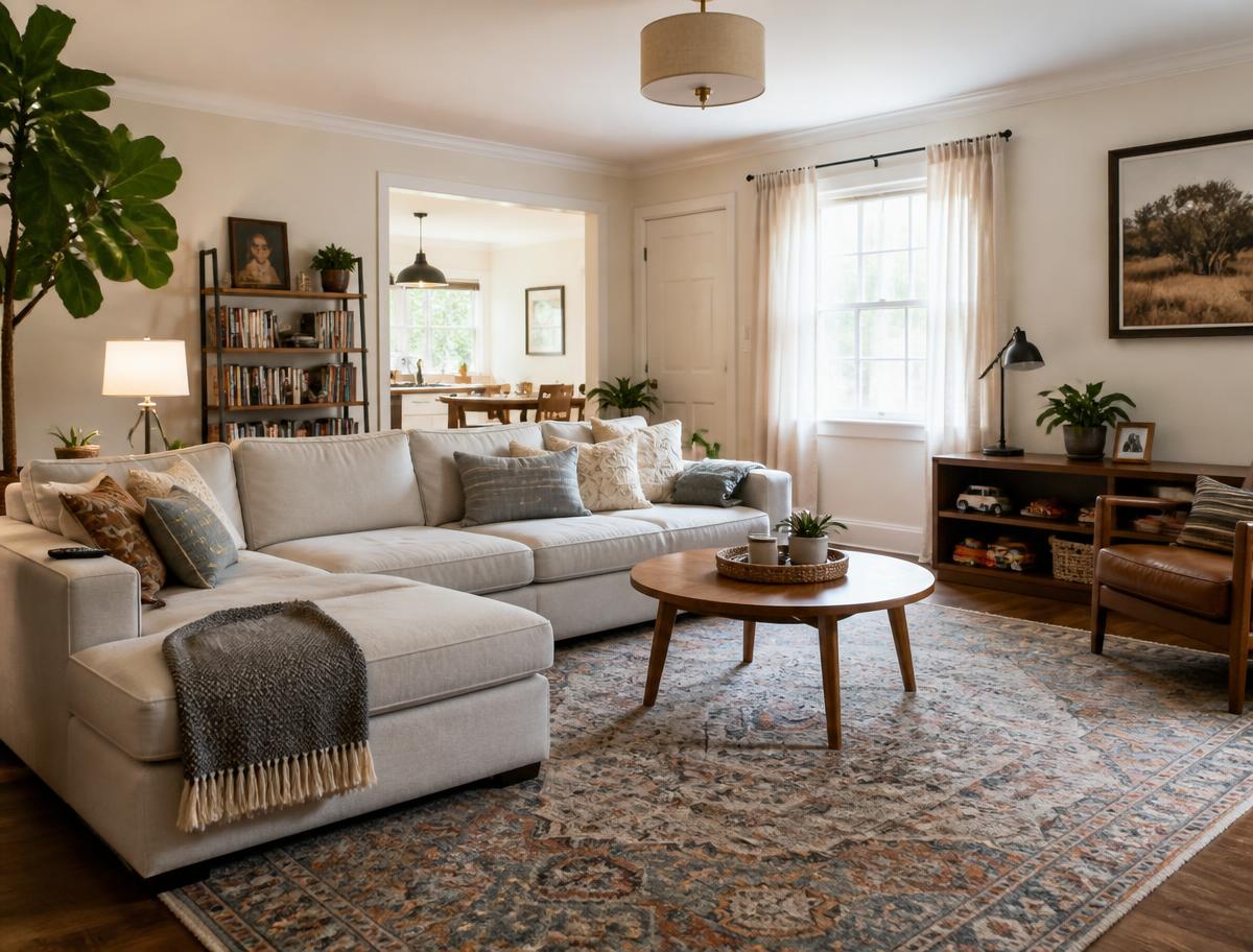 Comfortable living room with a sectional sofa and patterned rug