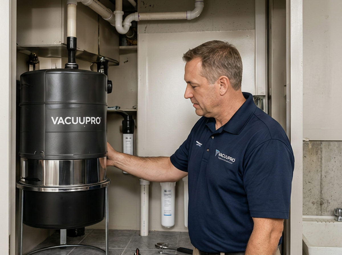 VacuuPro technician in a navy polo checking a black VacuuPro central vacuum power unit in a utility room
