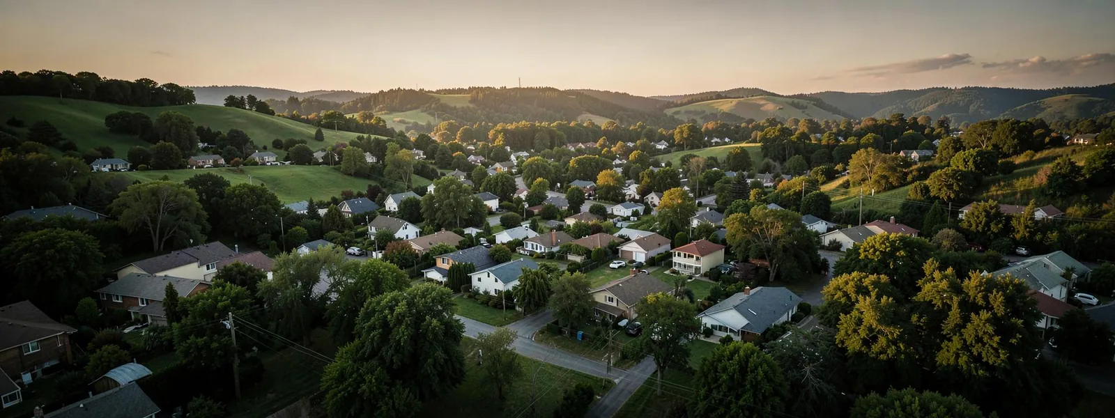 Aerial view of a suburban neighborhood at golden hour