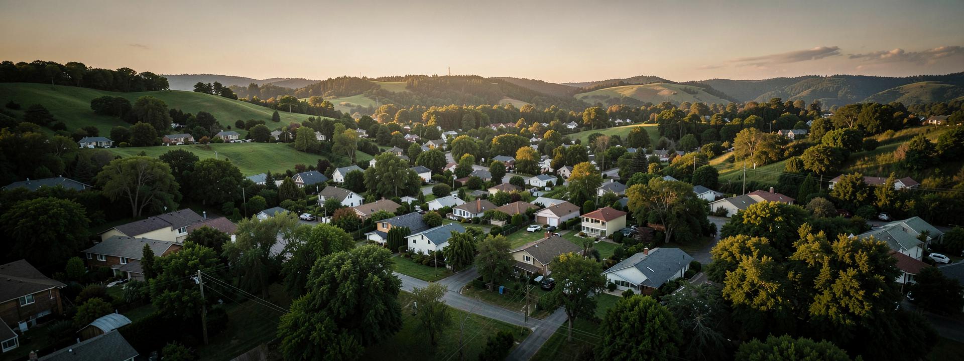 Aerial view of a suburban neighborhood at golden hour